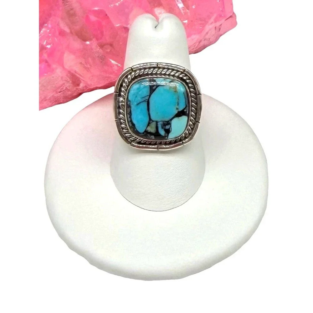 Tibetan Turquoise Ring Size 7 Solid 925 Sterling Silver Square